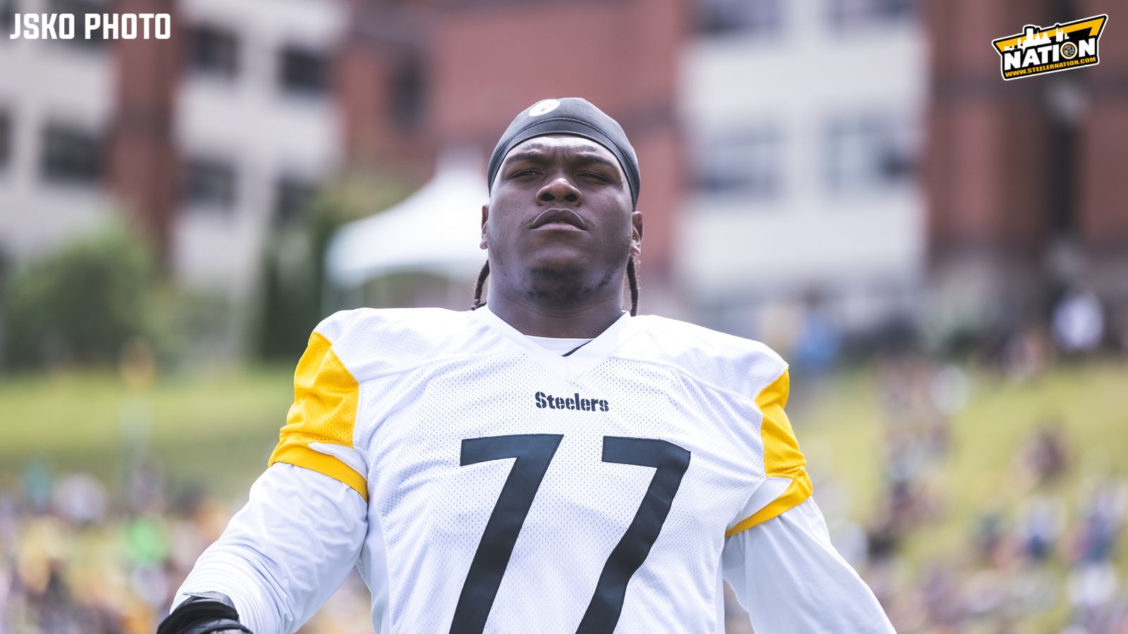 Steelers' Broderick Jones Explains 1 Big Key To Defeating Myles Garrett: "That's 90% Of The Battle" (Steelers News). Photo by Jordan Schofield / SteelerNation (X: @JSKO_PHOTO)