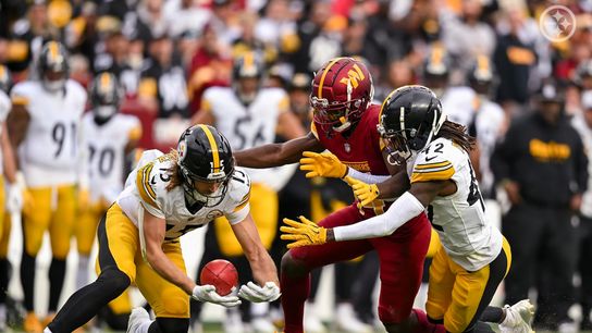 Steelers' Ben Skowronek and James Pierre go for a muffed punt against the Commanders during Week 10 Steelers' Ben Skowronek and James Pierre go for a muffed punt against the Commanders during Week 10