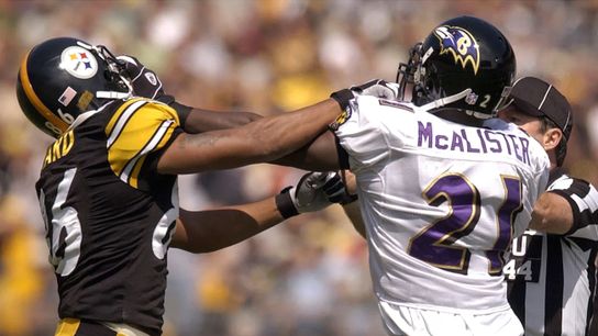 Steelers retired wide receiver and former Ravens cornerback, Chris McCallister go at it during a regular season game in September, 2003. | David Maxwell / Getty Images Steelers retired wide receiver and former Ravens cornerback, Chris McCallister go at it during a regular season game in September, 2003. | David Maxwell / Getty Images