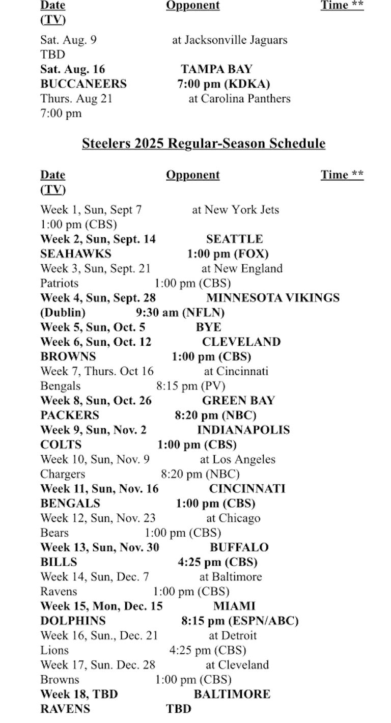 Steelers 2025 Schedule Steelers 2025 Schedule
