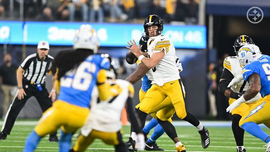 Steelers quarterback Aaron Rodgers escapes the pocket and looks to throw during Pittsburgh's 25-10 loss vs the Los Angeles Chargers in Week 10 of the 2025 NFL Season.