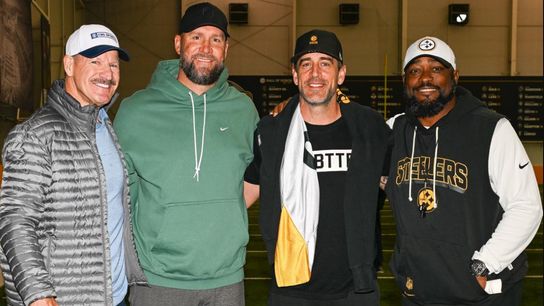 Bill Cowher, Ben Roethlisberger, Aaron Rodgers, and Mike Tomlin gather at Steelers practice.