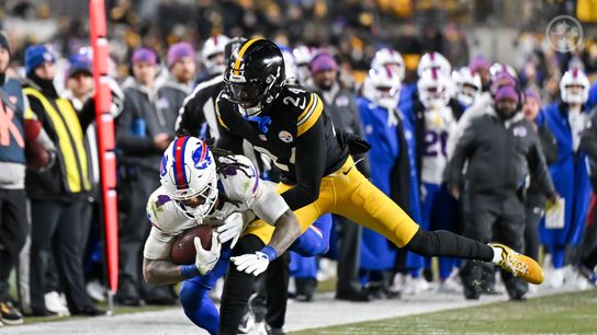 Steelers cornerback Joey Porter Jr. tackles Bills running back James Cook during Pittsburgh's 26-7 loss in Week 13 of the 2025 NFL Regular Season.