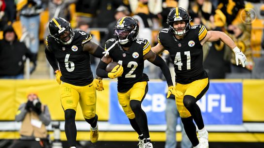 Steelers defenders Patrick Queen (6), James Pierre (42), and Payton Wilson (41) celebrate during Pittsburgh's 34-12 win over the Cincinnati Bengals in Week 11 of the 2025 NFL Regular Season. Steelers defenders Patrick Queen (6), James Pierre (42), and Payton Wilson (41) celebrate during Pittsburgh's 34-12 win over the Cincinnati Bengals in Week 11 of the 2025 NFL Regular Season.