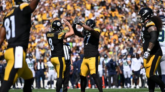 Steelers quarterback Aaron Rodgers (left) celebrates with left tackle Broderick Jones (right) after a touchdown against the Seattle Seahawks. Steelers quarterback Aaron Rodgers (left) celebrates with left tackle Broderick Jones (right) after a touchdown against the Seattle Seahawks.