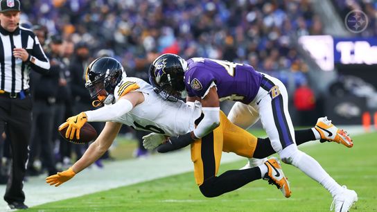 Steelers wide receiver Adam Thielen reaches for the first down during Pittsburgh's 27-22 win over the Baltimore Ravens in Week 14 of the 2025 NFL Regular Season. Steelers wide receiver Adam Thielen