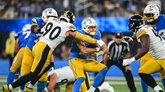 Steelers linebacker TJ Watt sacks quarterback Justin Herbert during Pittsburgh's 25-10 loss to the Los Angeles Chargers in Week 10 of the 2025 NFL Season.