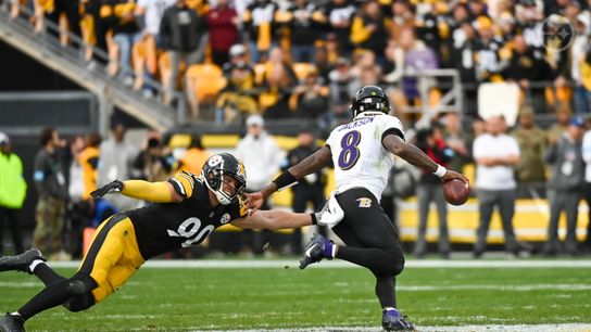 Steelers linebacker tries to chase down Ravens quarterback Lamar Jackson during Pittsburgh's 18-16 win in Week 11 of the 2024 NFL Regular Season.