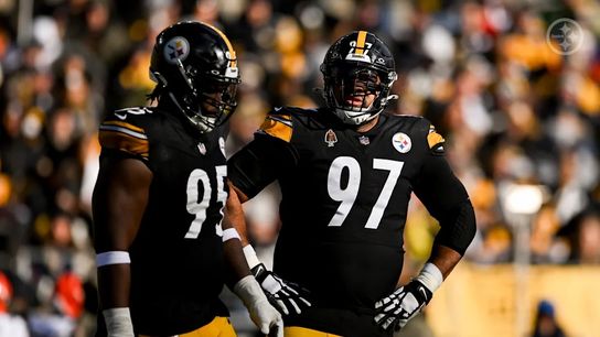 Steelers defensive tackle Cameron Heyward (97) and defensive tackle Keeanu Benton (95) during a regular season matchup between the Pittsburgh Steelers and Cincinnati Bengals.
