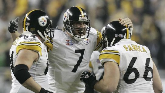 Former Steelers quarterback Ben Roethlisberger (7) and former offensive lineman Alan Faneca (66) during Super Bowl XL between the Pittsburgh Steelers and Seattle Seahawks. Former Steelers quarterback Ben Roethlisberger (7) and former offensive lineman Alan Faneca (66) during Super Bowl XL between the Pittsburgh Steelers and Seattle Seahawks.