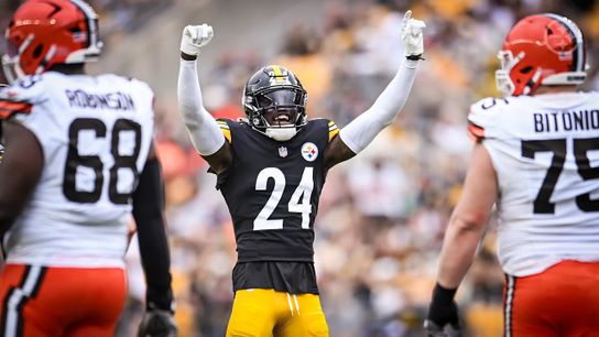 Steelers cornerback Joey Porter Jr. (24) celebrates during a regular season game between the Steelers and Cleveland Browns. Steelers cornerback Joey Porter Jr. (24) celebrates during a regular season game between the Steelers and Cleveland Browns.