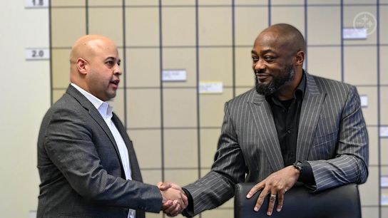 Steelers General Manager Omar Khan and Head Coach Mike Tomlin at the UPMC Rooney Sports Complex during the NFL Draft. Steelers General Manager Omar Khan and Head Coach Mike Tomlin at the UPMC Rooney Sports Complex during the NFL Draft.
