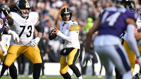 Steelers quarterback Aaron Rodgers (8) during a regular season matchup between the Pittsburgh Steelers and Baltimore Ravens. Steelers quarterback Aaron Rodgers (8) during a regular season matchup between the Pittsburgh Steelers and Baltimore Ravens.