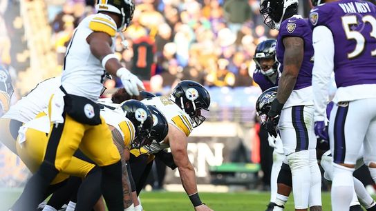 The Pittsburgh Steelers offensive line during a regular season matchup between the Pittsburgh Steelers and Baltimore Ravens.