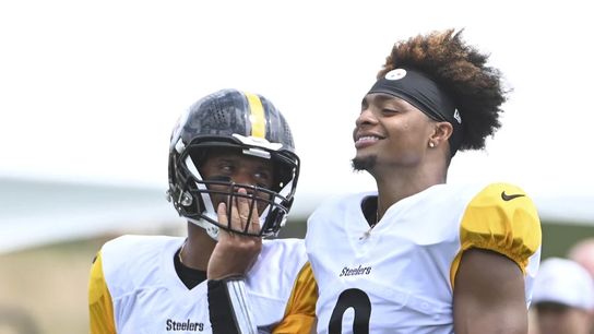Steelers' QBs Russell Wilson and Justin Fields at training camp. Steelers' QBs Russell Wilson and Justin Fields at training camp.