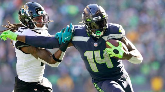 Steelers wide receiver DK Metcalf stiff arms a defender during a game. Steelers wide receiver DK Metcalf stiff arms a defender during a game.