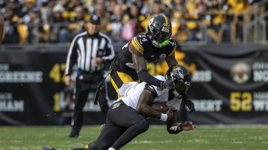 Steelers corner Joey Porter Jr. tackles Ravens quarterback Lamar Jackson during a game. Steelers corner Joey Porter Jr. tackles Ravens quarterback Lamar Jackson during a game.