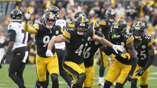 Steelers linebacker Payton Wilson celebrates after his interception of Ravens quarterback Lamar Jackson during a game on November 17, 2024 in Acrisure Stadium. Steelers linebacker Payton Wilson celebrates after his interception of Ravens quarterback Lamar Jackson during a game on November 17, 2024 in Acrisure Stadium.