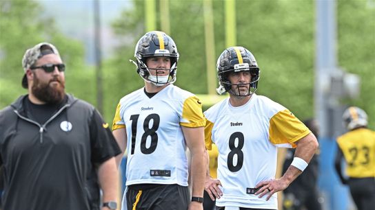 Steelers Quarterbacks Aaron Rodgers and Will Howard during the teams mandatory minicamp practice. Steelers Quarterbacks Aaron Rodgers and Will Howard during the teams mandatory minicamp practice.