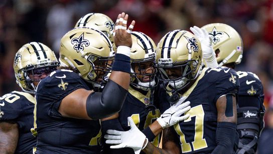 Former Saints Receiver A.T. Perry celebrates with his teammates during Week 1 of the 2023 NFL Preseason. Former Saints Receiver A.T. Perry celebrates with his teammates during Week 1 of the 2023 NFL Preseason.