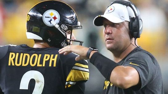 Ben Roethlisberger (Injured) talks to Mason Rudolph (2) during timeout of home game back in 2019.