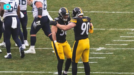 Steelers' Alex Highsmith and TJ Watt celebrate in a game against the Tennessee Titans in 2021