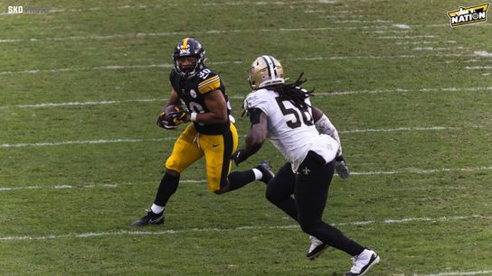 Steelers running back Jaylen Warren tries to evade an oncoming tackle from a New Orleans Saints defender in a 2023 regular season game. Steelers running back Jaylen Warren tries to evade an oncoming tackle from a New Orleans Saints defender in a 2023 regular season game.