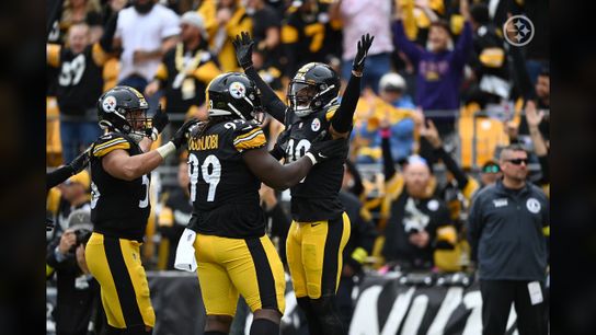 Steelers Minkah Fitzpatrick (39) celebrates with Larry Ogunjobi (99) and Alex Highsmith (56) Steelers Minkah Fitzpatrick (39) celebrates with Larry Ogunjobi (99) and Alex Highsmith (56)