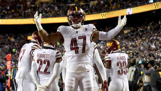 Washington Commanders OLB Khaleke Hudson celebrates after a play in an away game. Steelers' Khaleke Hudson