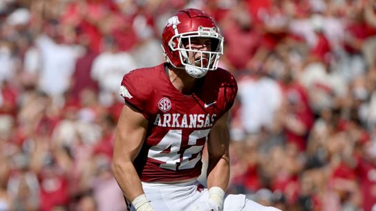 Arkansas linebacker Drew Sanders (42) celebrates after making a big play against Cincinnati during the first half of an NCAA college football game Saturday, Sept. 3, 2022, in Fayetteville, Ark. Arkansas linebacker Drew Sanders (42) celebrates after making a big play against Cincinnati during the first half of an NCAA college football game Saturday, Sept. 3, 2022, in Fayetteville, Ark.