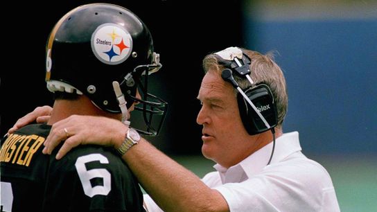 Steelers Bubby Brister and Chuck Noll