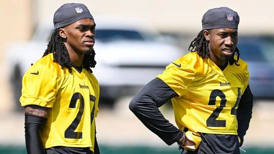 Pittsburgh Steelers defensive backs Cory Trice Jr (27) and Joey Porter Jr (24) participate in the team's 2023 rookie minicamp. Steelers Cory Trice Jr Joey Porter Jr