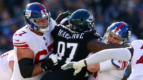 Eagles defensive tackle Javon Hargrave hits Giants quarterback Jake Fromm during an NFL game in Philadelphia. Eagles defensive tackle Javon Hargrave hits Giants quarterback Jake Fromm during an NFL game in Philadelphia.