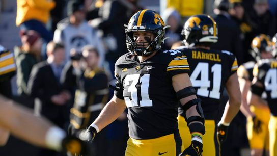 Iowa linebacker Jack Campbell warms up before an NCAA college football game against Nebraska, Friday, Nov. 25, 2022, in Iowa City, Iowa. Iowa linebacker Jack Campbell warms up before an NCAA college football game against Nebraska, Friday, Nov. 25, 2022, in Iowa City, Iowa.