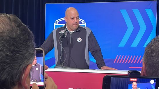 Pittsburgh Steelers general manager, Omar Khan takes the podium at the 2023 NFL Combine at Lucas Oil Stadium in Indianapolis, IN on Feb. 28, 2023. Steelers GM Omar Khan