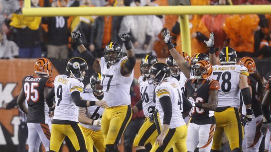 Pittsburgh Steelers' Chris Boswell (9) celebrates a 35-yard game inning field goal during the second half of an NFL wild-card playoff football game against the Cincinnati Bengals, Sunday, Jan. 10, 2016, in Cincinnati. Pittsburgh won 18-16. 