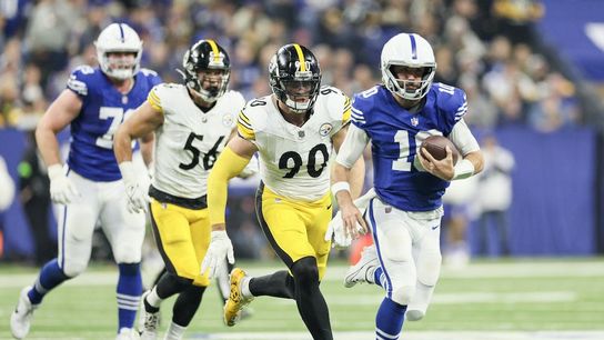 Indianapolis Colts quarterback Gardner Minshew (10) runs past the Pittsburgh Steelers linebacker T.J. Watt (90) during the second quarter at Lucas Oil Stadium on Saturday, Dec. 16, 2023, in Indianapolis Indianapolis Colts quarterback Gardner Minshew (10) runs past the Pittsburgh Steelers linebacker T.J. Watt (90) during the second quarter at Lucas Oil Stadium on Saturday, Dec. 16, 2023, in Indianapolis