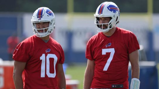ORCHARD PARK, NY - JULY 28: Mitchell Trubisky #10 of the Buffalo Bills and Davis Webb #7 of the Buffalo Bills talk during training camp at the Adpro Sports Training Center on July 28, 2021 in Orchard Park, New York. (Photo by Timothy T Ludwig/Getty Images) ORCHARD PARK, NY - JULY 28: Mitchell Trubisky #10 of the Buffalo Bills and Davis Webb #7 of the Buffalo Bills talk during training camp at the Adpro Sports Training Center on July 28, 2021 in Orchard Park, New York. (Photo by Timothy T Ludwig/Getty Images)