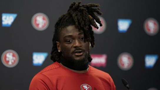 49ers' Brandon Aiyuk speaks with members of the media after a game. Steelers' Brandon Aiyuk