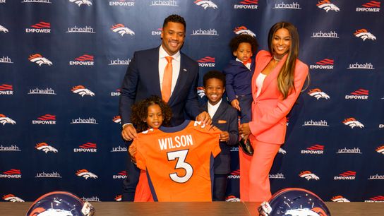 Former Denver Broncos QB Russell Wilson with his family being introduced to the team Steelers Russell Wilson