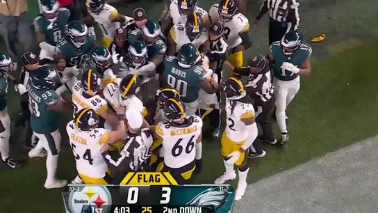 Philadelphia Eagles and the Pittsburgh Steelers get into a scrum after Darnell Washington blocked Darius Slay into the back of the end zone. Philadelphia Eagles and the Pittsburgh Steelers get into a scrum after Darnell Washington blocked Darius Slay into the back of the end zone.
