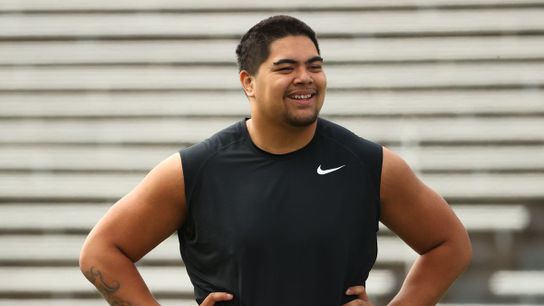 Oregon State offensive tackle Taliese Fuaga smiles during a training session. Steelers' Taliese Fuaga