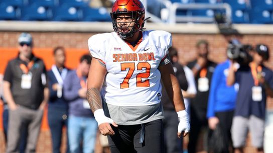 Oregon State offensive tackle Taliese Fuaga during the Senior Bowl. Steelers' Taliese Fuaga