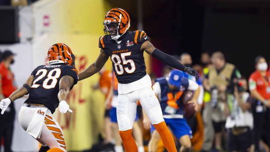 Bengals' Tee Higgins celebrates with his teammates during the Super Bowl. Steelers' Tee Higgins