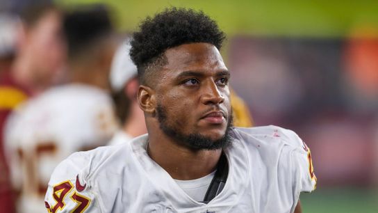Commanders' OLB Khaleke Hudson looks on during a road game during the 2023 season. Steelers' Khaleke Hudson