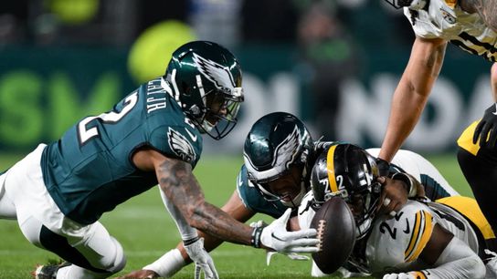 Pittsburgh Steelers' running back Najee Harris fumbles the ball away to Darius Slay. Pittsburgh Steelers' running back Najee Harris fumbles the ball away to Darius Slay.