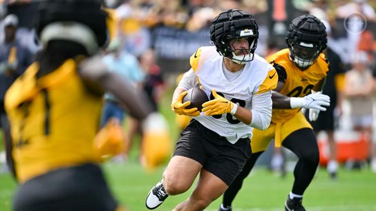 Steelers' tight end Pat Freiermuth getting a lot of attention at training camp in Latrobe, PA. Steelers' tight end Pat Freiermuth getting a lot of attention at training camp in Latrobe, PA.