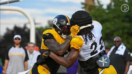 Steelers' Patrick Queen and Najee Harris going at it during a backs on backers drill in Latrobe. Steelers' Patrick Queen and Najee Harris going at it during a backs on backers drill in Latrobe.