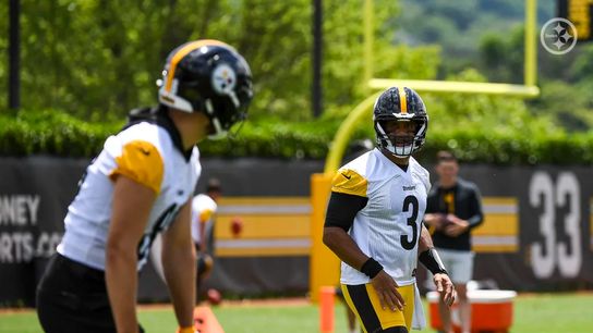 Steelers' QB Russell Wilson and TE Pat Freiermuth at the second week of OTA's. Steelers' QB Russell Wilson and TE Pat Freiermuth