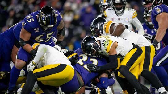 Pittsburgh Steelers' Safety Minkah Fitzpatrick and the defense making a tackle on Ravens' running back Derrick Henry in 2024. Pittsburgh Steelers' Safety Minkah Fitzpatrick and the defense making a tackle on Ravens' running back Derrick Henry in 2024.